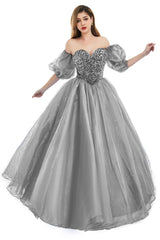 Grey Tulle Sequins Sweetheart Prom Dresses Spaghetti Straps Evening Quinceanera Dresses