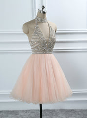 Halter Backless Crystal Beading Tulle Homecoming Dresses Sweet 16