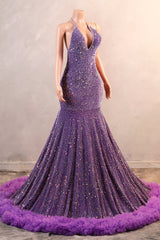 Halter Purple Prom Dresses Sequin Long Evening Dresses with Fringe