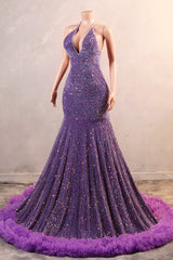 Halter Purple Prom Dresses Sequin Long Evening Dresses with Fringe