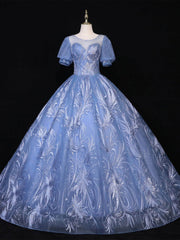 Haze Blue Tulle Sequins Puff Sleeve Quinceanera Dress