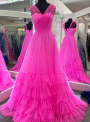 Hot Pink Illusion Tulle Pleats Prom Dress