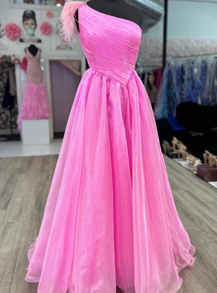 Hot Pink One Shoulder Pleats Feather Prom Dress