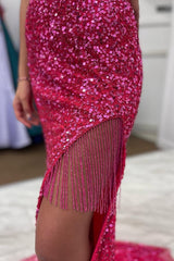 Hot Pink Sequins Mermaid Prom Dress with Fringes