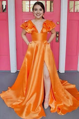 Hot Pink V-Neck Ruffle A-Line Long Prom Dress