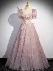 Hot Sale Pink Tulle Puff Sleeve Flower Prom Dress