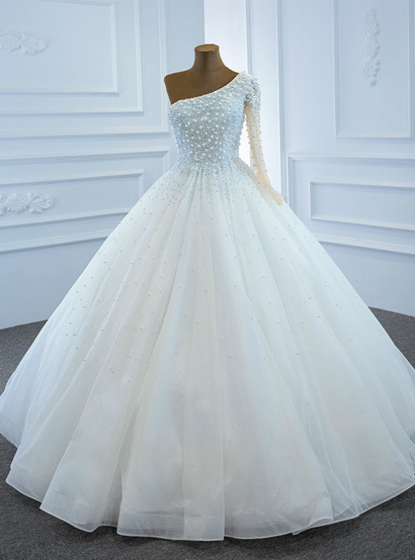 Hottest Items White Tulle One Shoulder Long Sleeve Pearls Wedding Dress