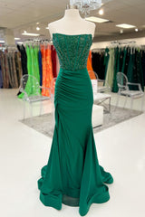 Hunter Green Mermaid Strapless Beaded Pleated Long Prom Dress