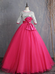 Instead, Opt For a Stylish Fuchsia Ball Gown Tulle Silver Sequins Short Sleeve Quinceanera Dress