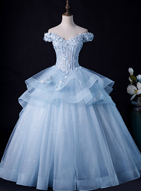 Is Now Available. Sky Blue Ball Gown Tulle Off the Shoulder Appliques Quinceanera Dress