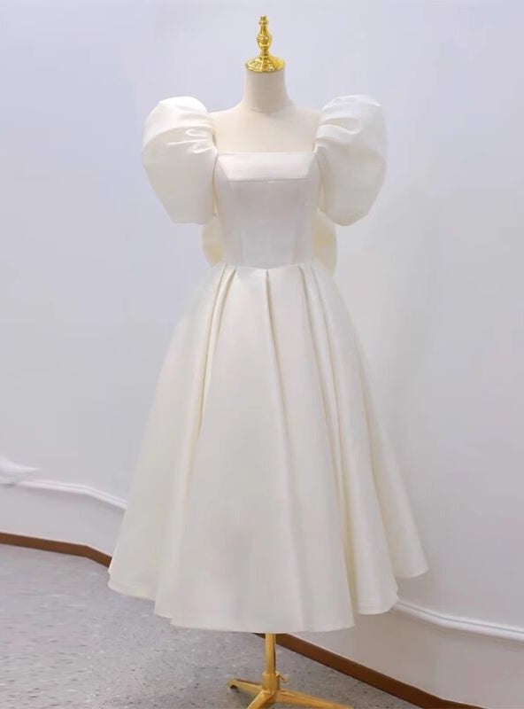 Ivory Satin Square Puff Sleeve Short Wedding Dress