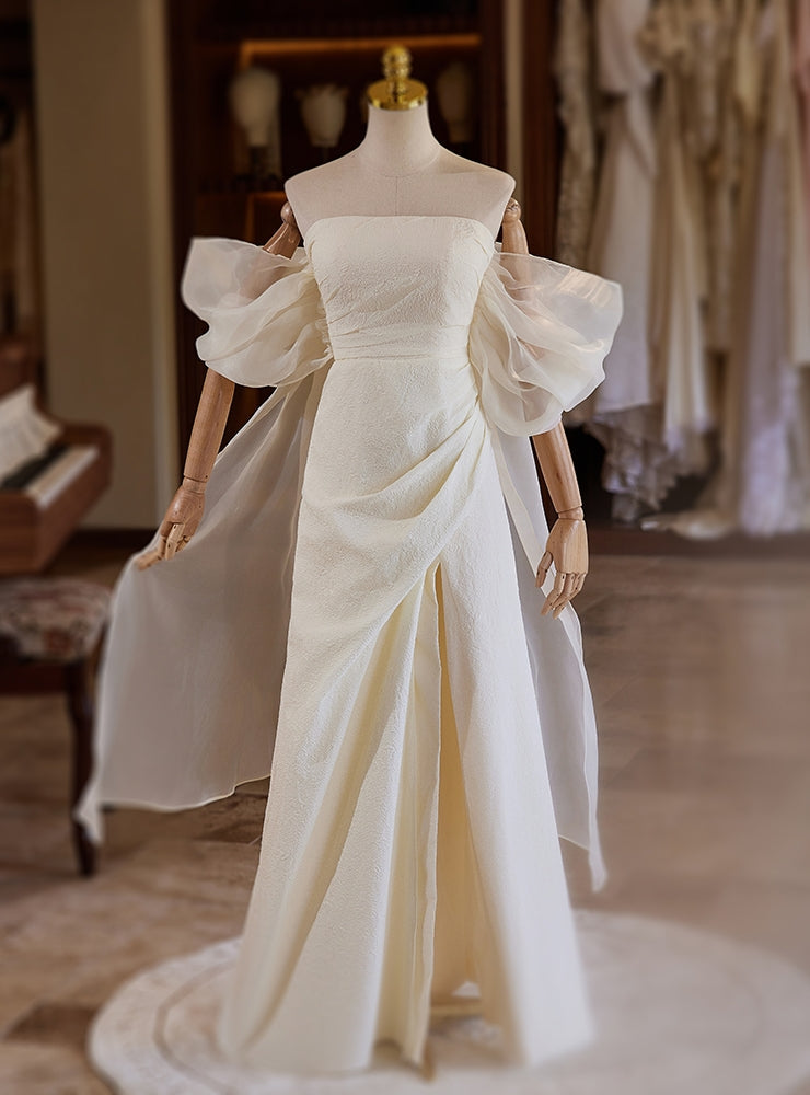 Ivory Strapless Split Pleats Wedding Dress