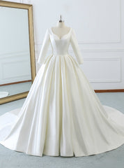 Ivory White Satin Sweetheart Long Sleeve Wedding Dress With Train