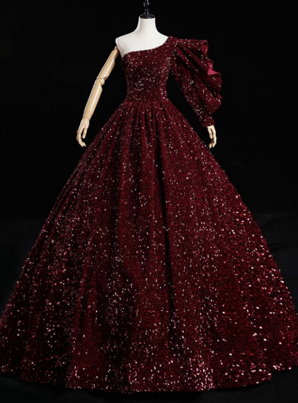 Just Be The One For You Burgundy Ball Gown Sequins One Shoulder Quinceanera Dress