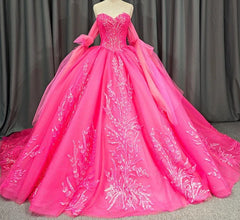 Lace Hot Pink Sequins Ball Gown Quincea?era Dress