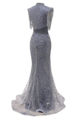 Lace Sequin Long Grey Prom Dresses High Neck Beaded Mermaid Long Evening Dresses