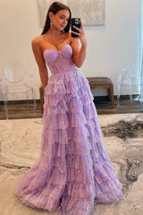 Lavender A-Line Sweetheart Sequins Long Prom Dresses With Split