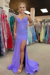 Lavender Halter Sparkly Beaded Prom Dress with Fringes