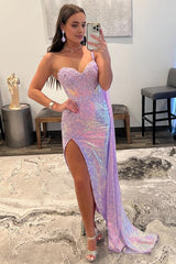 lavender one shoulder sequin corset prom dress with slit