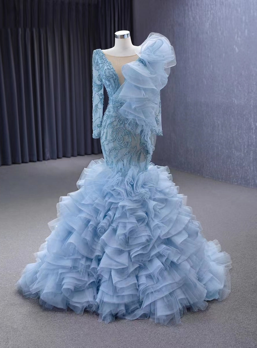 Light Blue Mermaid Tulle Beading Prom Dress