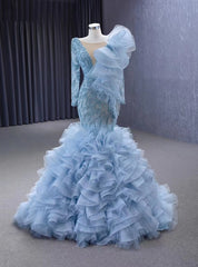 Light Blue Mermaid Tulle Beading Prom Dress