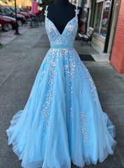 Light Blue Sequins Appliques Prom Dress