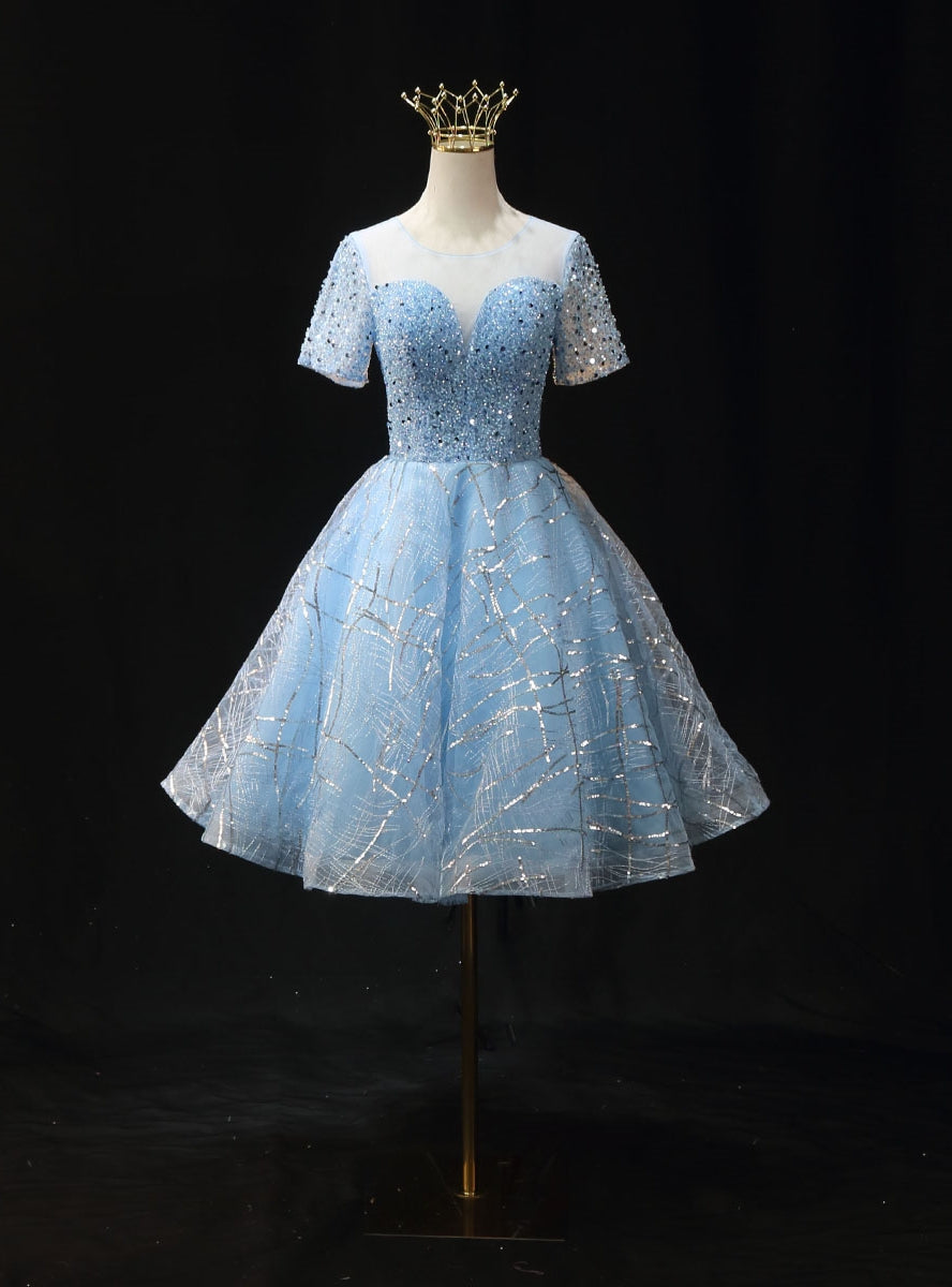 Light Blue Tulle Sequins Short Sleeve Homecoming Dress