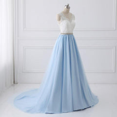 Light Blue Tulle V Back Long Party Dresses with Bow, Blue Evening Dresses Wedding Party Dresses