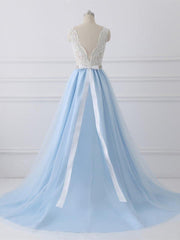 Light Blue Tulle V Back Long Party Dresses with Bow, Blue Evening Dresses Wedding Party Dresses