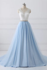 Light Blue Tulle V Back Long Party Dresses with Bow, Blue Evening Dresses Wedding Party Dresses