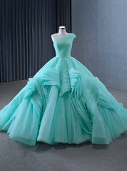 Light Green Tulle One Shoulder Pleats Prom Dress