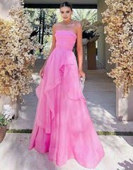 Light Pink A Line Strapless Organza Prom Dress