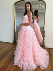 Light Pink A-Line Tiered Spaghetti Straps Tulle Prom Dress