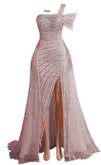 Light Pink Off Shoulder Mermaid Prom Dresses Luxurious Silver Bead Trumpet Formal Dresses