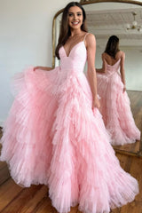 Light Pink Tulle Tiered A-Line Long Prom Dress