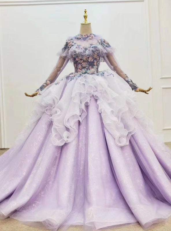 Light Purple Tulle Long Sleeve Appliques Beading Wedding Dress