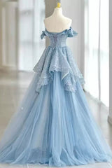 Light Sky Blue Off the Shoulder Tulle Prom Dress, Sparkly Long Party Gown