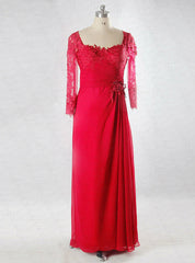 Long Chiffon Pleated Lace Sleeve Back Red Mother Of The Bride Dress