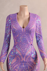 Long Sleeve Purple Prom Dresses for Teens Black Girls Luxury Feather Hem Plus Size Evening Gown Women's Sequin Party Dress