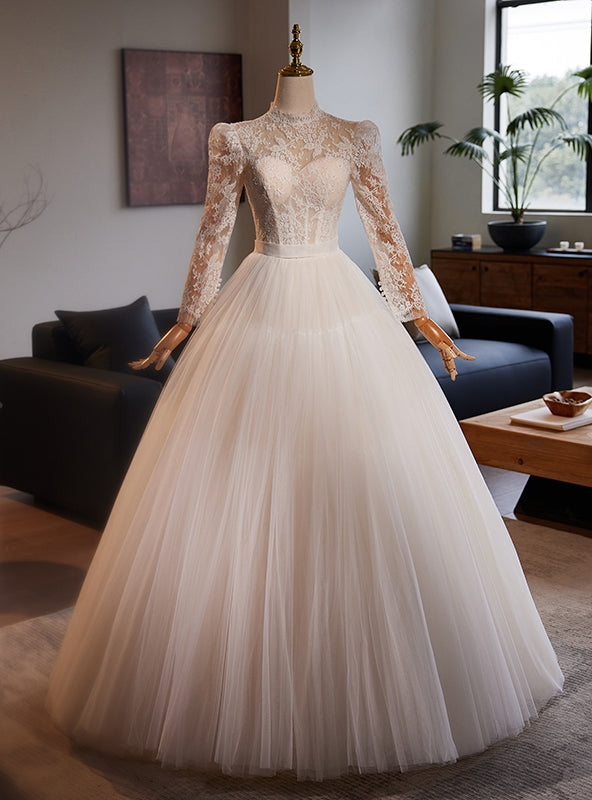 Long Sleeve Tulle Lace Backless Wedding Dress