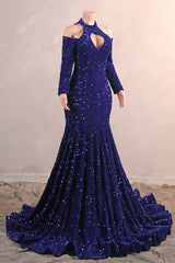 Long Sleeves Royal Blue Prom Dresses Sequin Mermaid Long Dress