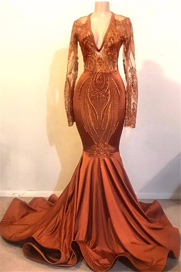 Long Sleeves V-neck Mermaid Prom Dress Sequins Gold Long Chiffon Lace