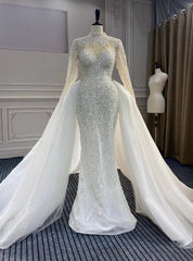 Luxury Mermaid Tulle Long Sleeve Beading Pearls Wedding Dress