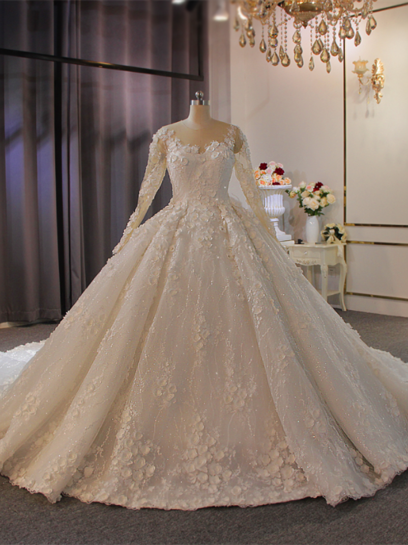 Luxury Sequins Beading Long Sleeve Flower Wedding Dress