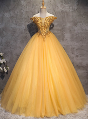 Make Your Prom a Dream Gold Ball Gown Tulle Off the Shoulder Beading Quinceanera Dress