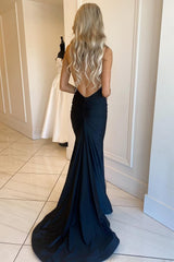 Mermaid Deep V Neck Black Long Prom Dress with Open Back