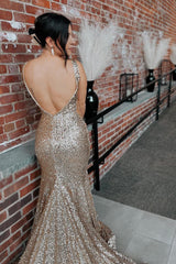 Mermaid Deep V Neck Champagne Sequins Long Prom Dress with Sweep Train