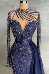 Mermaid Jewel With Side Train Floor-length Long Sleeve Beading Sequined Lace With Side Train Prom Dress