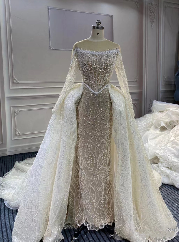 Mermaid Lace Tulle Long Sleeve Beading Wedding Dress Detachable Train