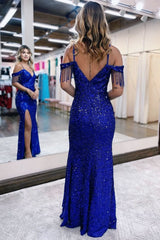 Mermaid Off the Shoulder Sequins Prom Dress with Fringe